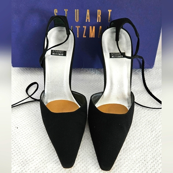 Stuart Weitzman Black G String Peau du Soie Fabric Sz 6  Ankle Ties Poin… - Picture 4 of 10
